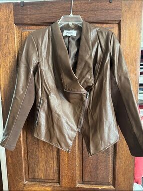 BB Dakota Brown Faux Leather Asymmetrical Bomber Jacket